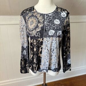 Bianca Patchwork Print Long Sleeve Top Women's Size 12 Black Beige Rose